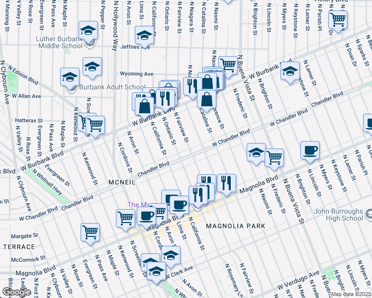 map of restaurants, bars, coffee shops, grocery stores, and more near 1121 North Niagara Street in Burbank