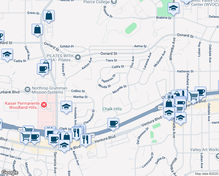 map of restaurants, bars, coffee shops, grocery stores, and more near 20524 Rhoda Street in Los Angeles