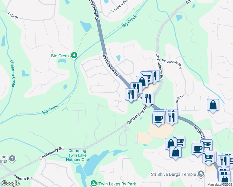map of restaurants, bars, coffee shops, grocery stores, and more near 5595 Falls Landing Drive in Cumming
