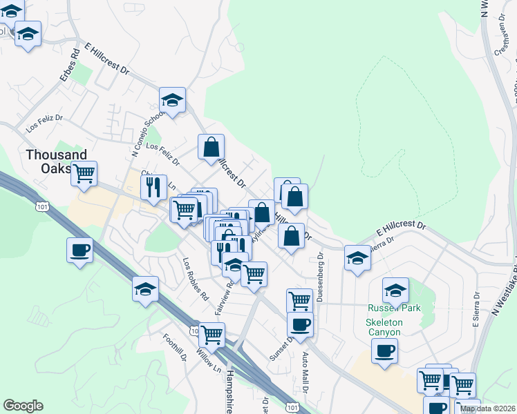 map of restaurants, bars, coffee shops, grocery stores, and more near 309 Eric Place in Thousand Oaks