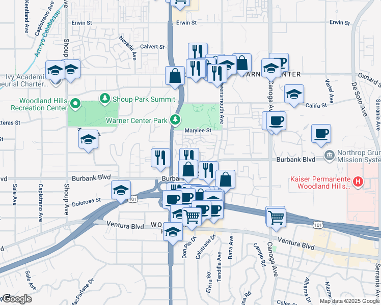 map of restaurants, bars, coffee shops, grocery stores, and more near 21901 Burbank Boulevard in Los Angeles