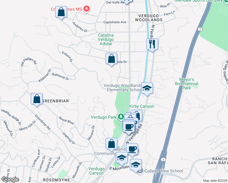 map of restaurants, bars, coffee shops, grocery stores, and more near 1550 Sunshine Drive in Glendale