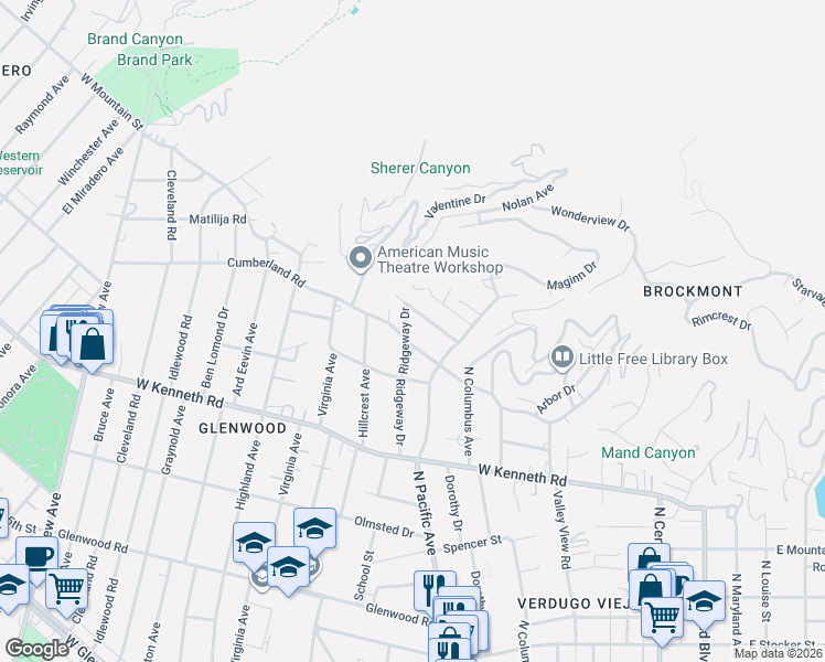 map of restaurants, bars, coffee shops, grocery stores, and more near 519 Meadows Drive in Glendale