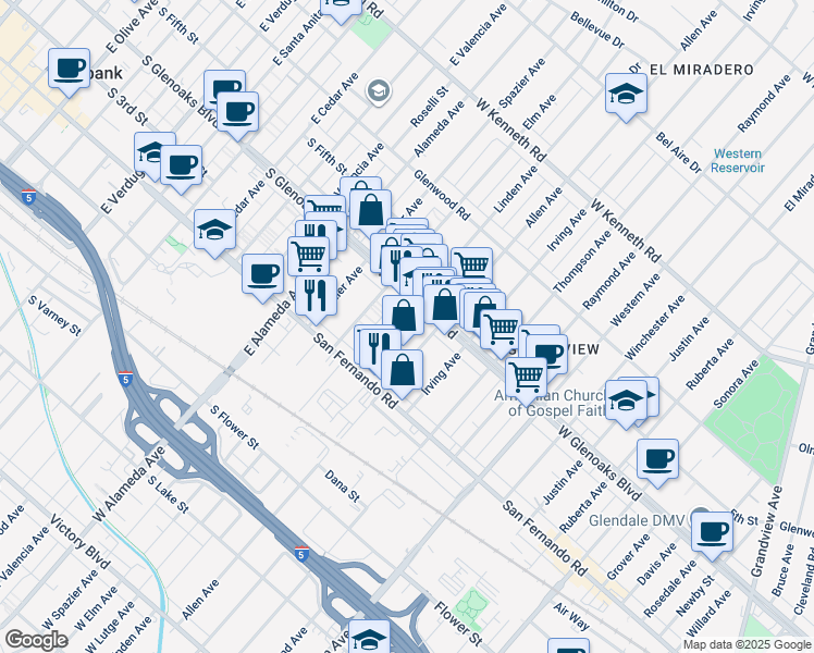 map of restaurants, bars, coffee shops, grocery stores, and more near in Glendale