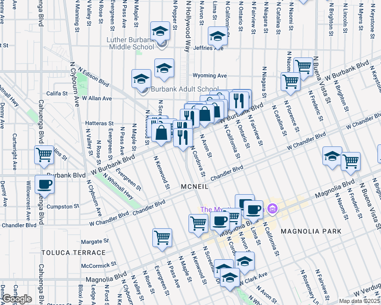 map of restaurants, bars, coffee shops, grocery stores, and more near 1330 North Cordova Street in Burbank