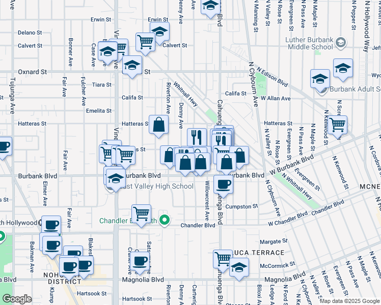 map of restaurants, bars, coffee shops, grocery stores, and more near 5718 Cartwright Avenue in Los Angeles