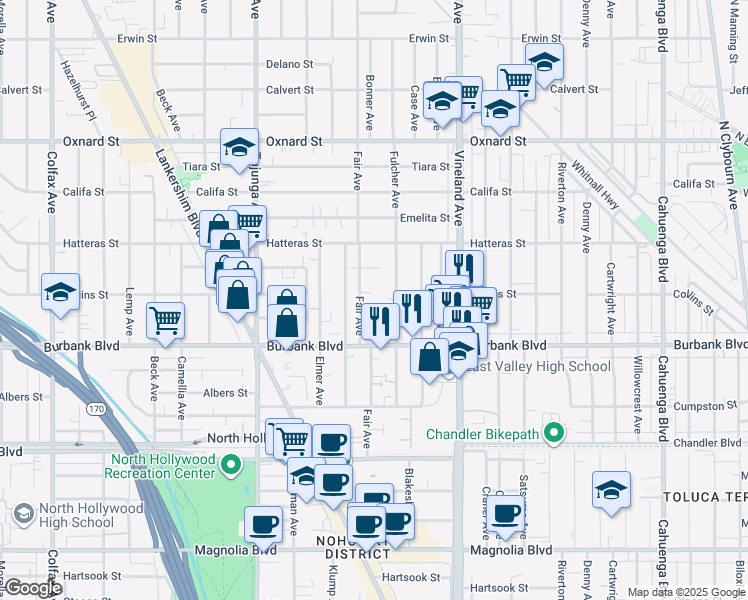 map of restaurants, bars, coffee shops, grocery stores, and more near 5724 Fair Avenue in Los Angeles