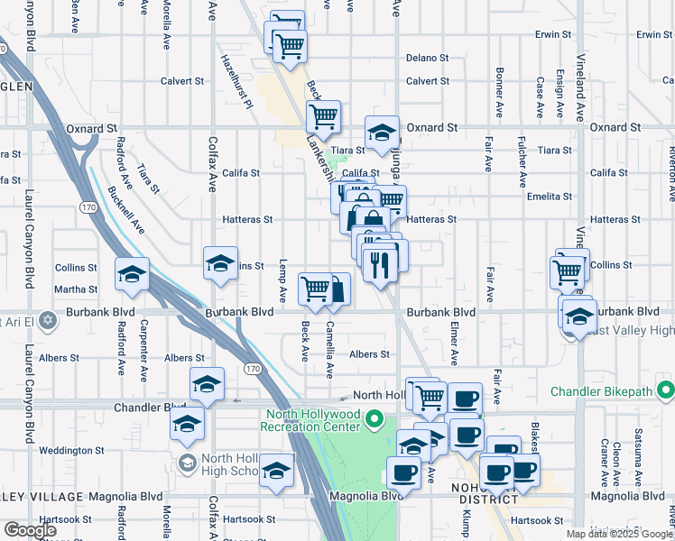 map of restaurants, bars, coffee shops, grocery stores, and more near 11475 Collins Street in Los Angeles