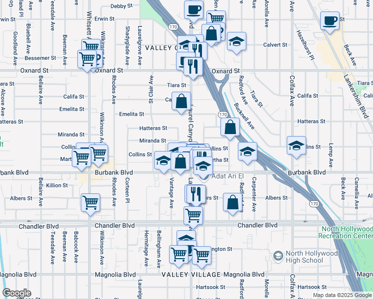 map of restaurants, bars, coffee shops, grocery stores, and more near 5726 Laurel Canyon Boulevard in Los Angeles