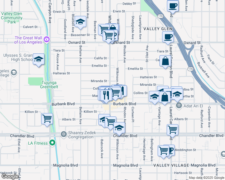 map of restaurants, bars, coffee shops, grocery stores, and more near 12506 Miranda Street in Los Angeles
