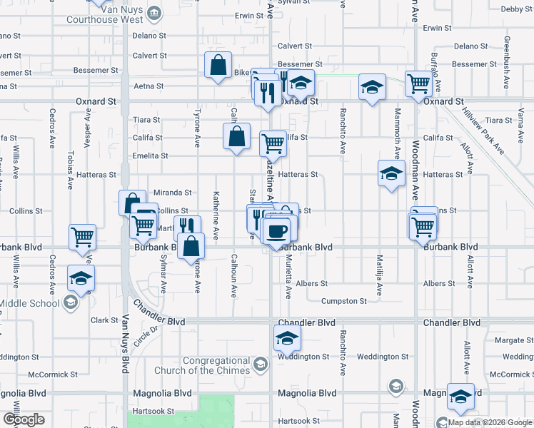 map of restaurants, bars, coffee shops, grocery stores, and more near 5716 Hazeltine Avenue in Los Angeles