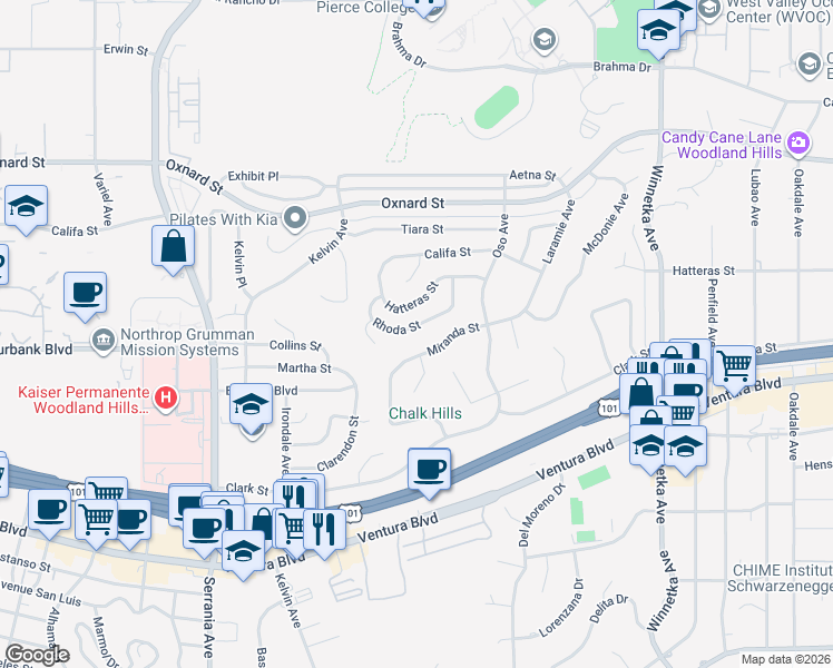 map of restaurants, bars, coffee shops, grocery stores, and more near 20558 Hatteras Street in Los Angeles