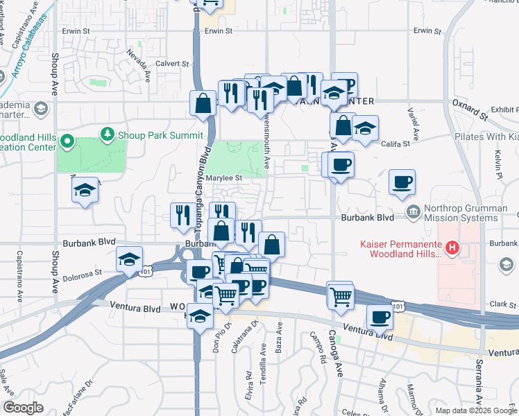map of restaurants, bars, coffee shops, grocery stores, and more near 5 Owensmouth Avenue in Los Angeles