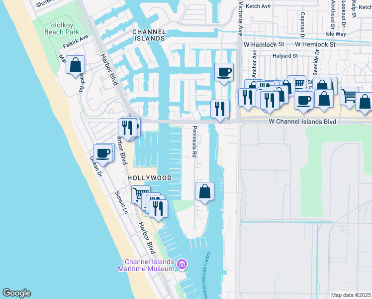 map of restaurants, bars, coffee shops, grocery stores, and more near 2701 Peninsula Road in Oxnard