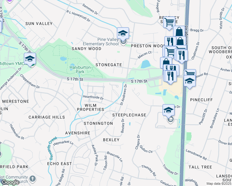 map of restaurants, bars, coffee shops, grocery stores, and more near 4179 Hearthside Drive in Wilmington