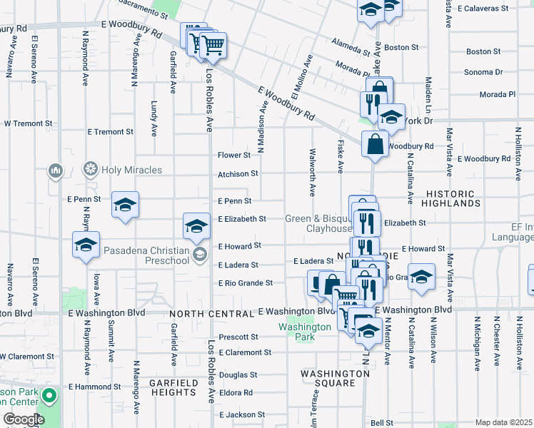 map of restaurants, bars, coffee shops, grocery stores, and more near 595 East Elizabeth Street in Pasadena