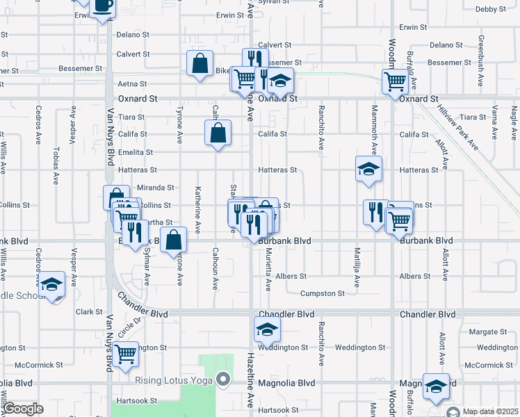map of restaurants, bars, coffee shops, grocery stores, and more near 14052 Collins Street in Los Angeles