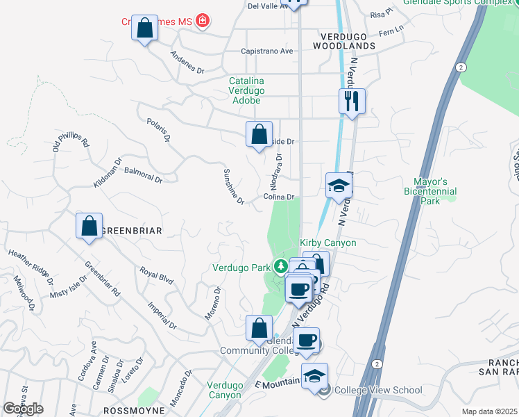 map of restaurants, bars, coffee shops, grocery stores, and more near 1542 Sunshine Drive in Glendale