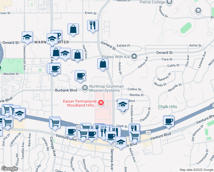 map of restaurants, bars, coffee shops, grocery stores, and more near 20931 Burbank Boulevard in Los Angeles