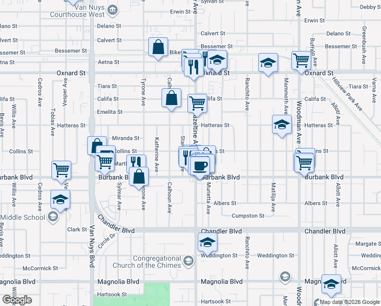 map of restaurants, bars, coffee shops, grocery stores, and more near 5655 Hazeltine Avenue in Los Angeles