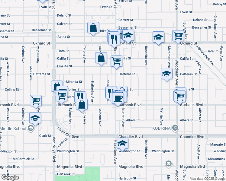 map of restaurants, bars, coffee shops, grocery stores, and more near 5716 Hazeltine Avenue in Los Angeles
