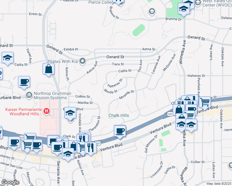 map of restaurants, bars, coffee shops, grocery stores, and more near 20524 Rhoda Street in Los Angeles