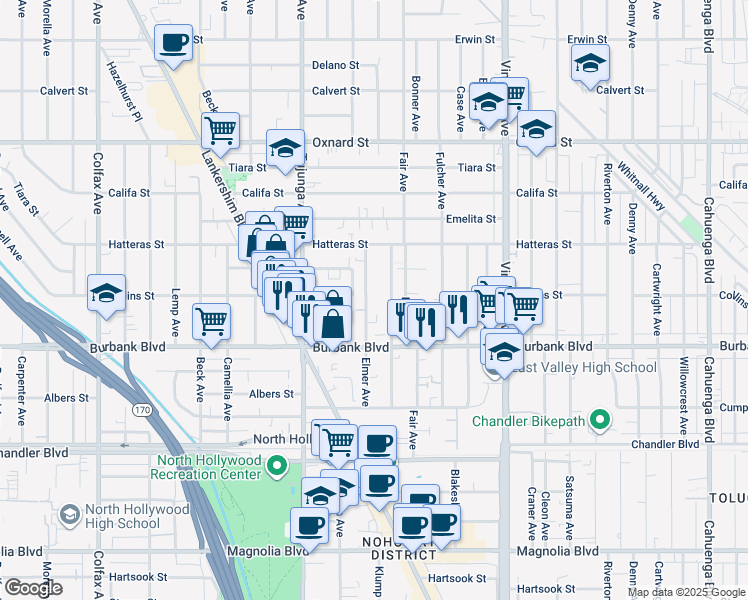 map of restaurants, bars, coffee shops, grocery stores, and more near 5719 Klump Avenue in Los Angeles