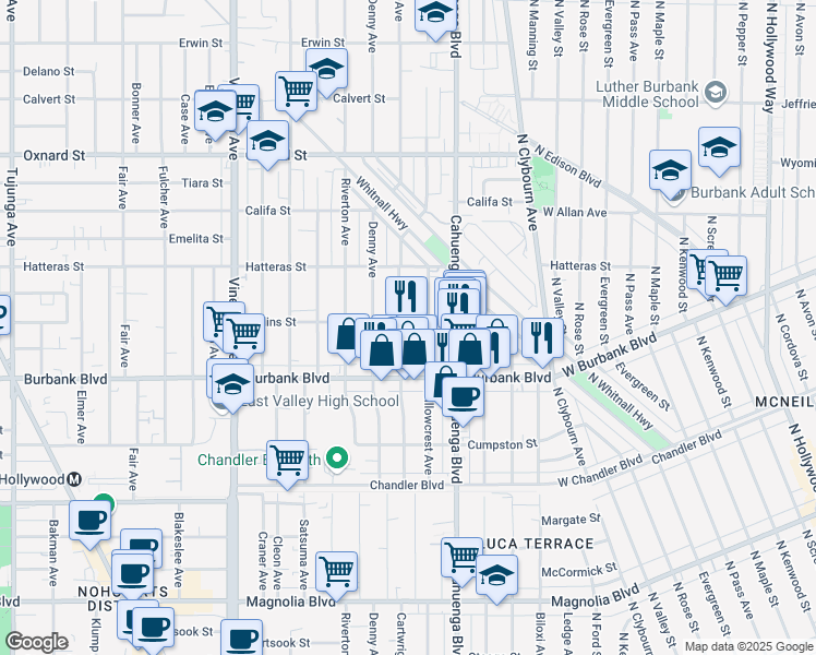 map of restaurants, bars, coffee shops, grocery stores, and more near 5656 Cartwright Avenue in Los Angeles