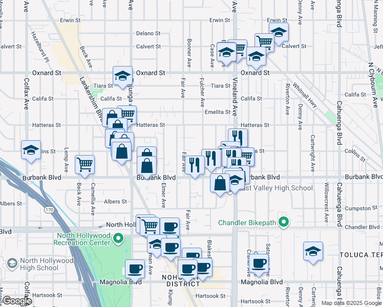 map of restaurants, bars, coffee shops, grocery stores, and more near 5724 Fair Avenue in Los Angeles