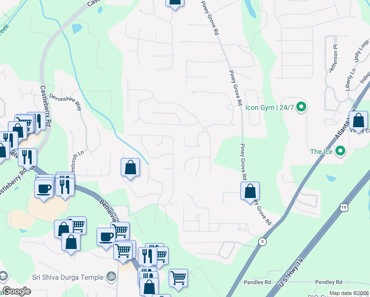 map of restaurants, bars, coffee shops, grocery stores, and more near 5675 Carrington Place in Cumming