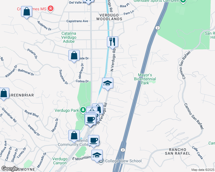 map of restaurants, bars, coffee shops, grocery stores, and more near 1751 North Verdugo Road in Glendale