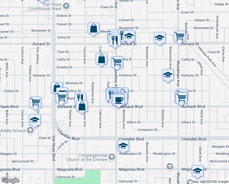 map of restaurants, bars, coffee shops, grocery stores, and more near 5716 Hazeltine Avenue in Los Angeles