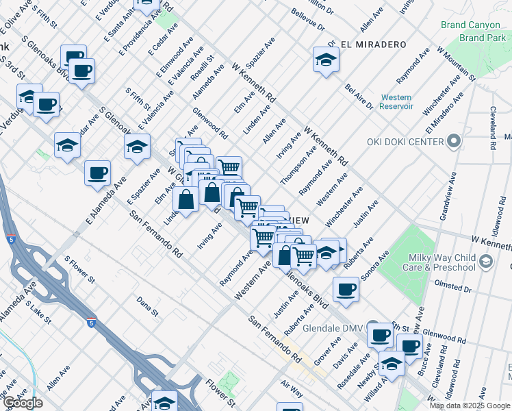 map of restaurants, bars, coffee shops, grocery stores, and more near 1165 Thompson Avenue in Glendale