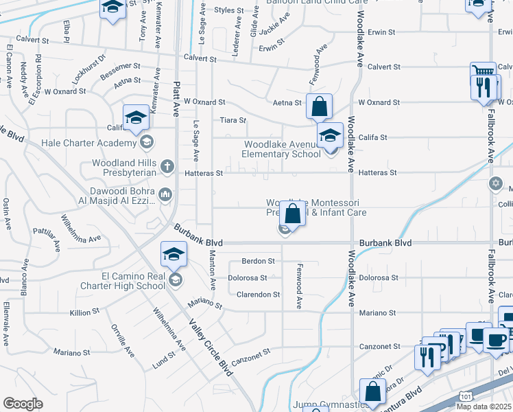map of restaurants, bars, coffee shops, grocery stores, and more near 23453 Collins Street in Los Angeles
