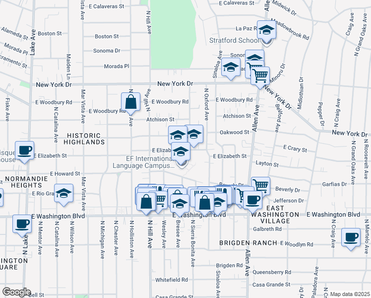 map of restaurants, bars, coffee shops, grocery stores, and more near 1561 East Elizabeth Street in Pasadena