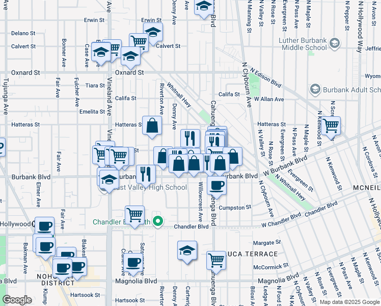 map of restaurants, bars, coffee shops, grocery stores, and more near 5656 Cartwright Avenue in Los Angeles