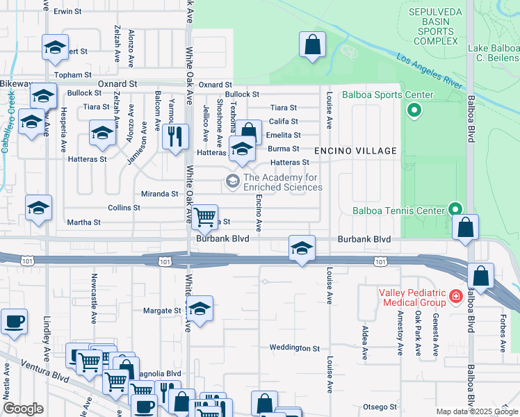 map of restaurants, bars, coffee shops, grocery stores, and more near 17400 Miranda Street in Los Angeles