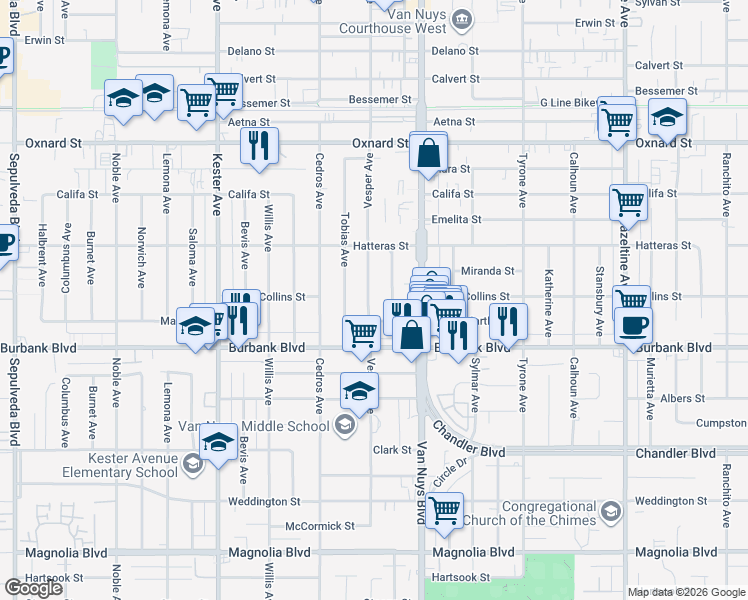 map of restaurants, bars, coffee shops, grocery stores, and more near 5656 Vesper Avenue in Los Angeles