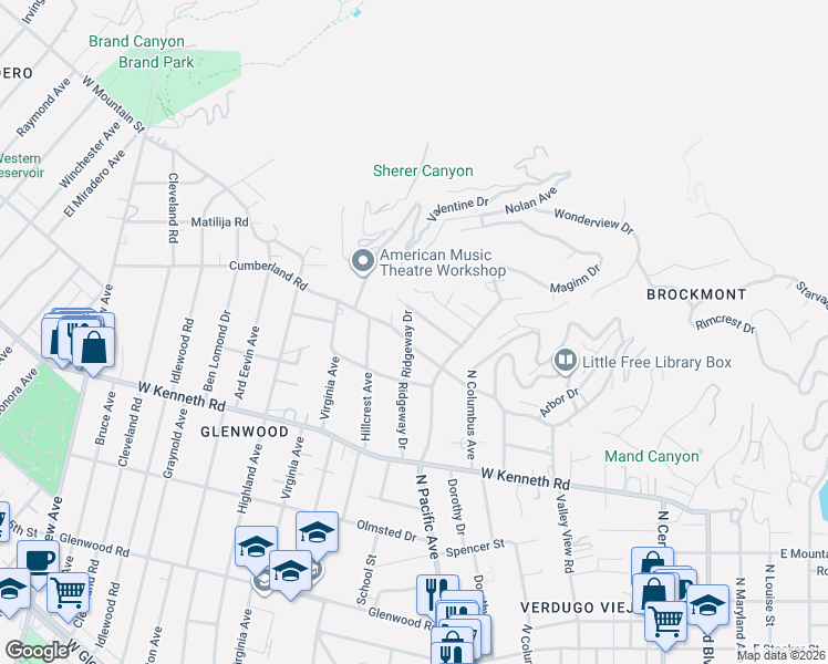 map of restaurants, bars, coffee shops, grocery stores, and more near 519 Meadows Drive in Glendale