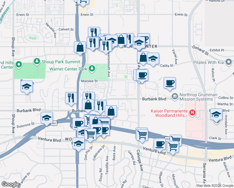 map of restaurants, bars, coffee shops, grocery stores, and more near 5760 Owensmouth Avenue in Los Angeles