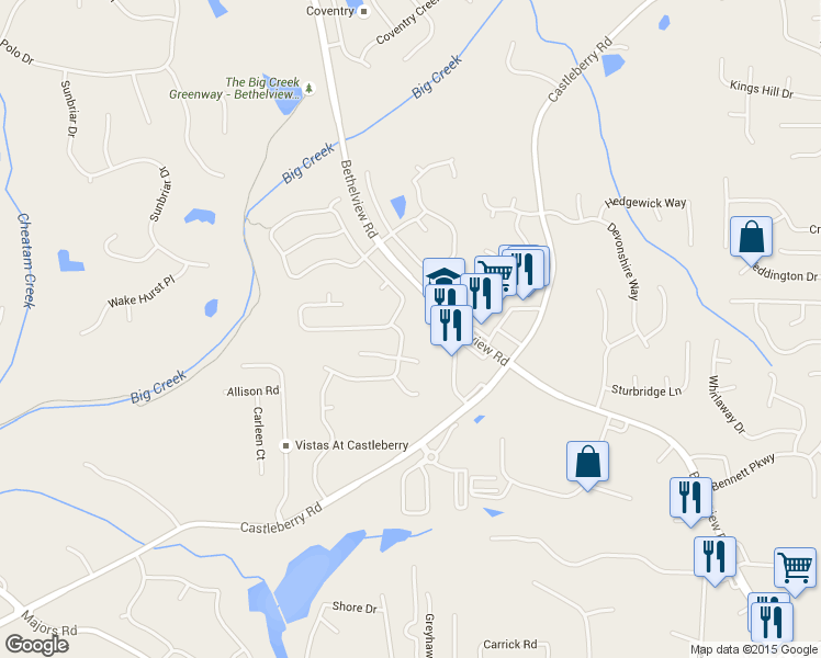 map of restaurants, bars, coffee shops, grocery stores, and more near 6330 Beaver Crossing Drive in Cumming