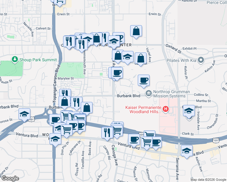 map of restaurants, bars, coffee shops, grocery stores, and more near 5780 Canoga Avenue in Los Angeles
