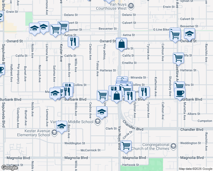 map of restaurants, bars, coffee shops, grocery stores, and more near 5656 Vesper Avenue in Los Angeles