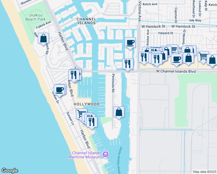map of restaurants, bars, coffee shops, grocery stores, and more near 2901 Peninsula Road in Oxnard
