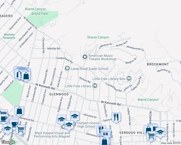 map of restaurants, bars, coffee shops, grocery stores, and more near 560 Cumberland Road in Glendale