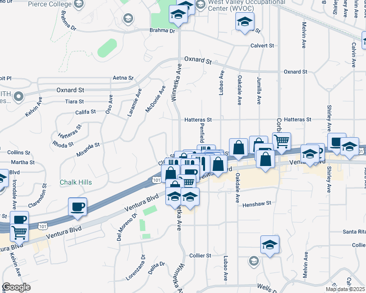 map of restaurants, bars, coffee shops, grocery stores, and more near 5656 Winnetka Avenue in Los Angeles