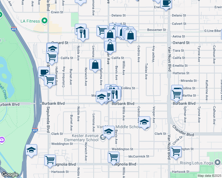 map of restaurants, bars, coffee shops, grocery stores, and more near 5715 Bevis Avenue in Los Angeles