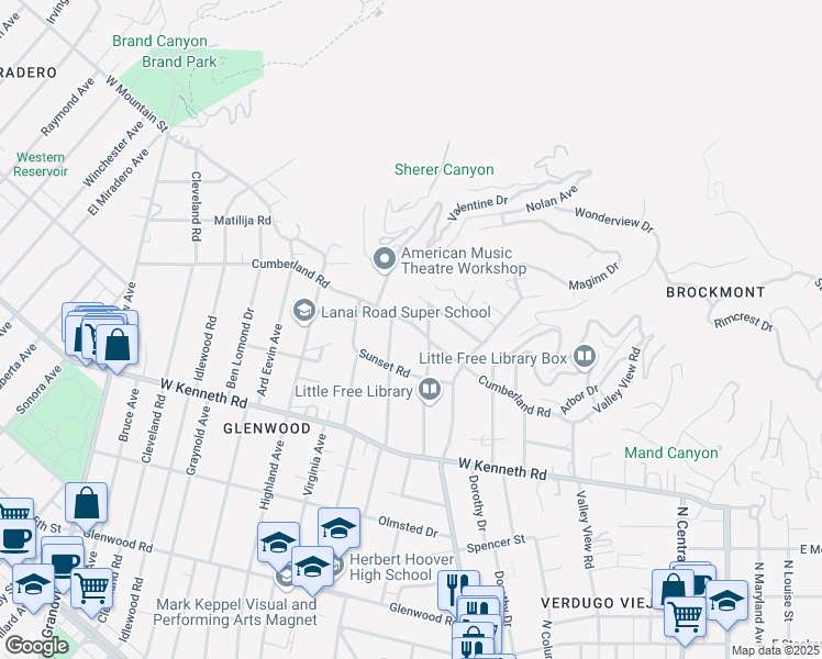 map of restaurants, bars, coffee shops, grocery stores, and more near 560 Cumberland Road in Glendale