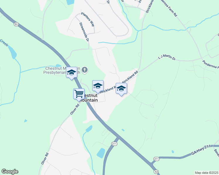 map of restaurants, bars, coffee shops, grocery stores, and more near 5266 Strickland Road in Flowery Branch