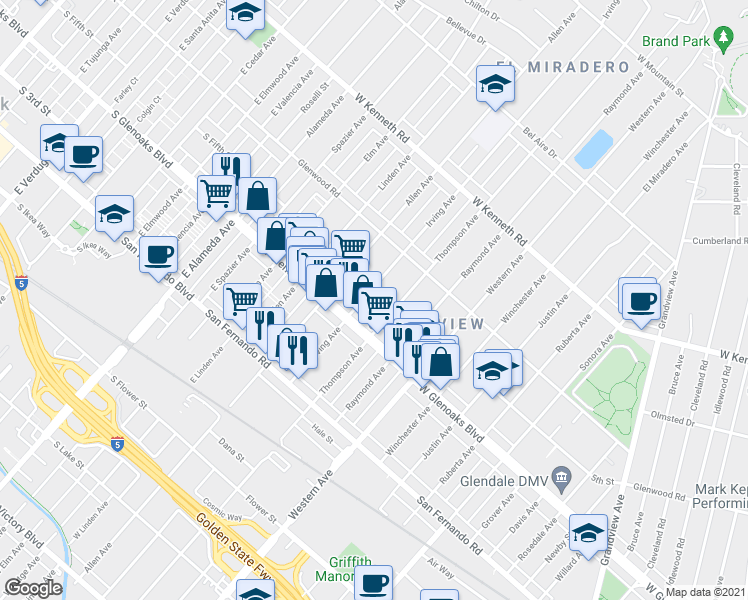 map of restaurants, bars, coffee shops, grocery stores, and more near 1128 Irving Avenue in Glendale